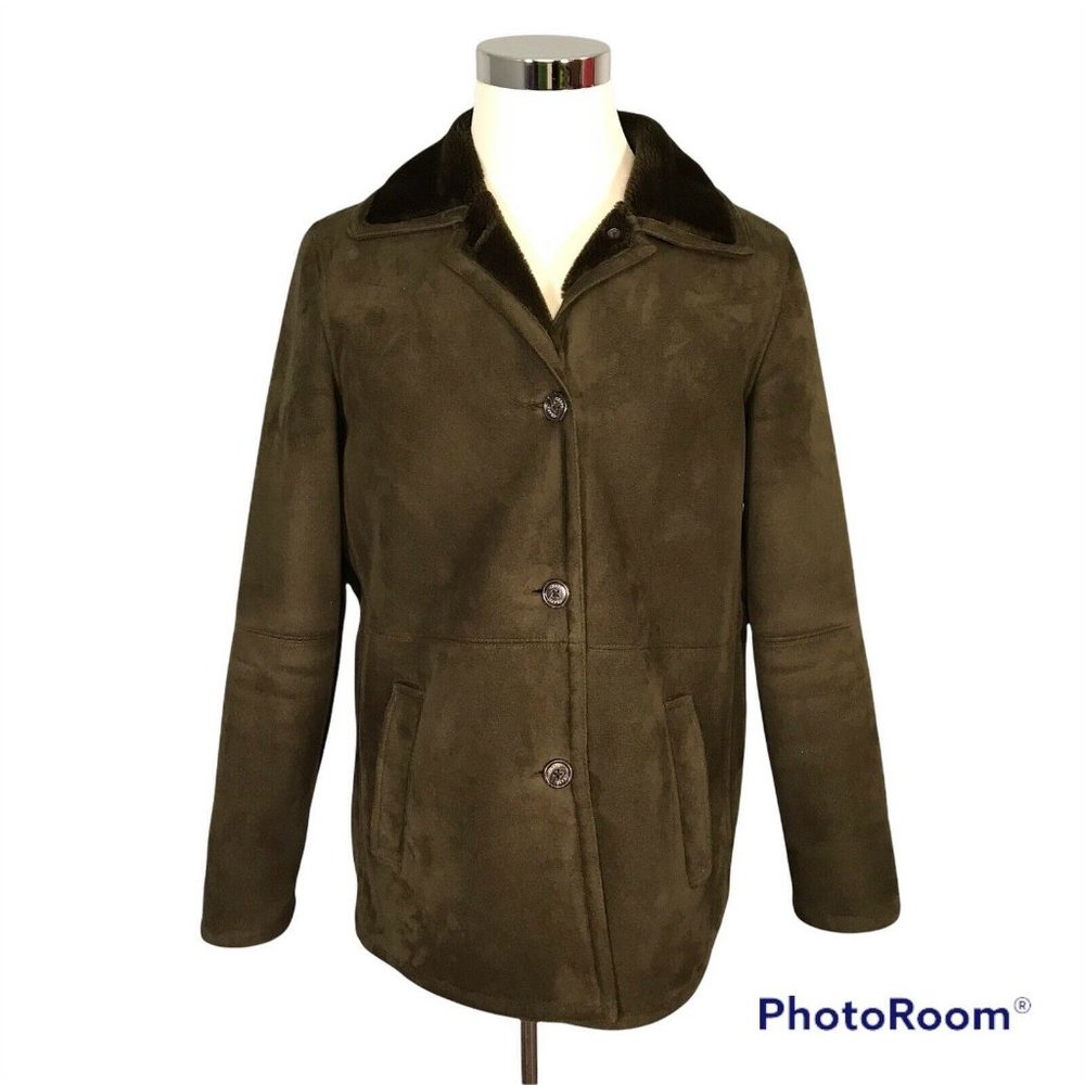 Chaps Women's Coat Jacket Size L Large Solid Green Faux Suede Fur Warm Coat